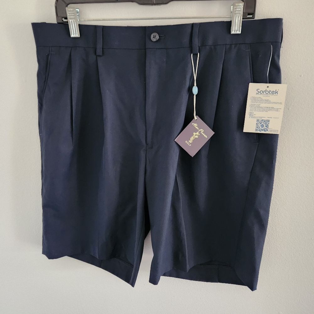 NWT Alan Flusser Pleated Bermuda Golf Shorts Stay Dry Navy Blue Men's 35